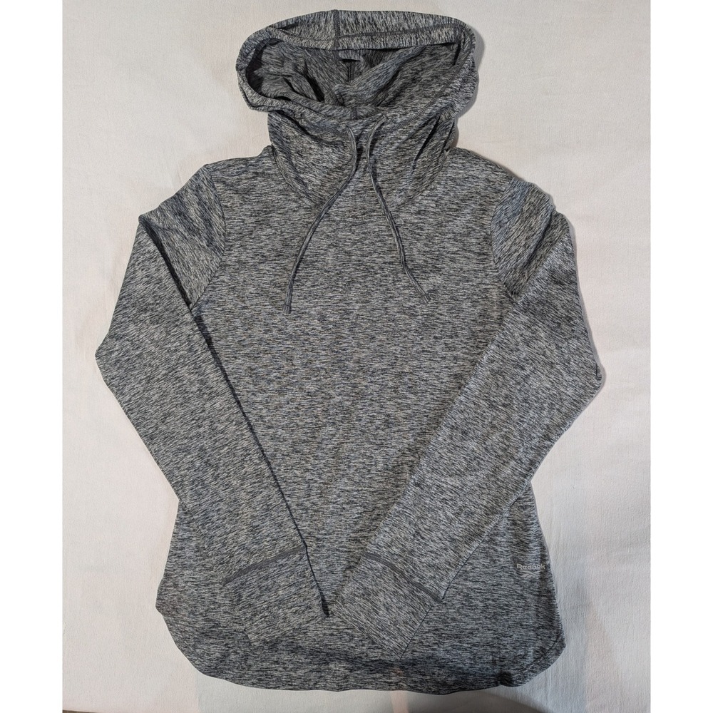 Reebok Womens M Cowl Neck Hoodie Heather Gray Pullover Thumbholes Lightweight